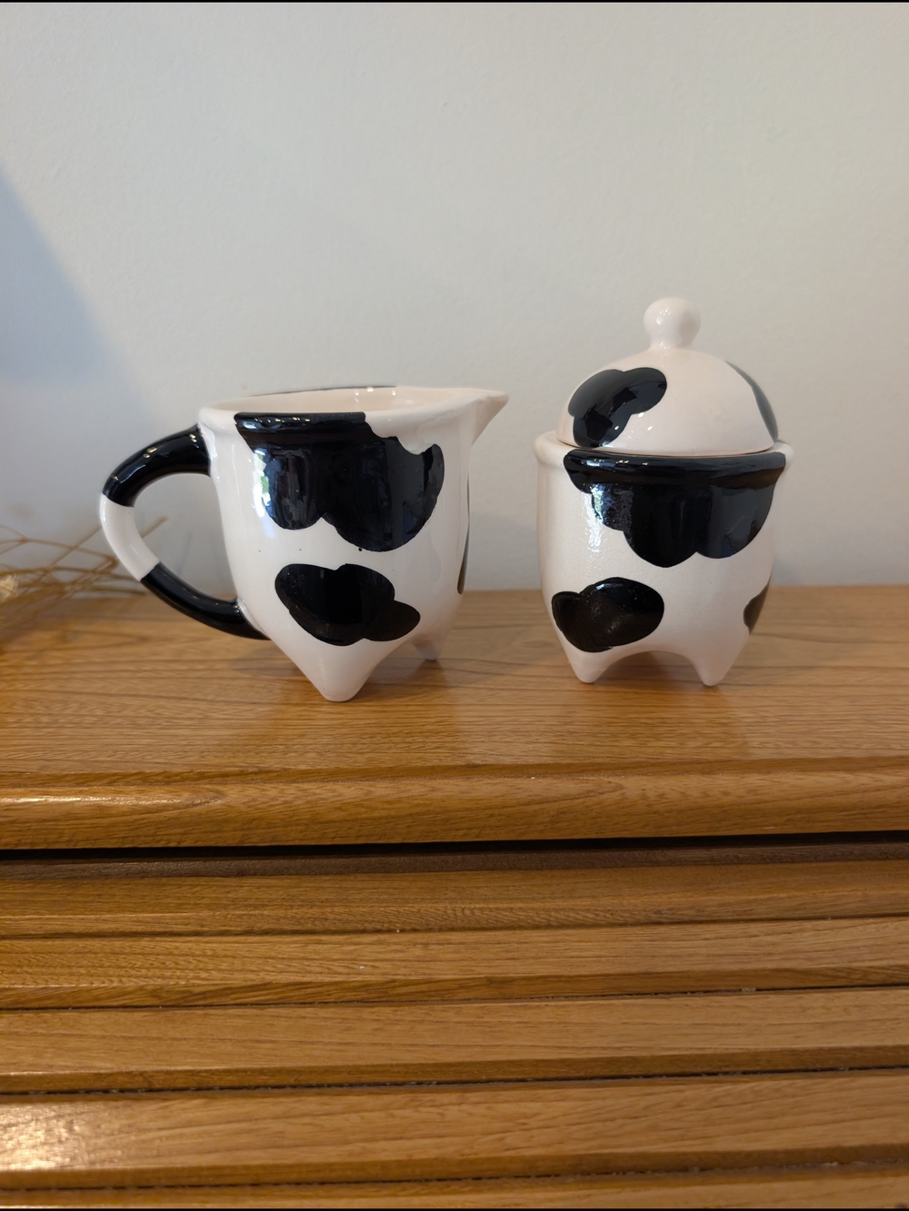 Vintage Cow‑Print Creamer & Sugar Set – Black and White Ceramic – Farmhouse